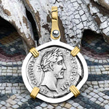 Roman Empire Silver Denarius Coin of Antoninus Pius, the Protector 148 AD 14K Gold and Sterling Silver Pendant