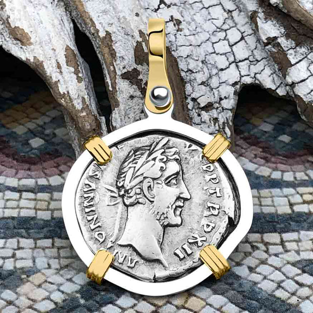 Roman Empire Silver Denarius Coin of Antoninus Pius, the Protector 148 AD 14K Gold and Sterling Silver Pendant