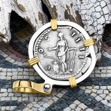 Roman Empire Silver Denarius Coin of Antoninus Pius, the Protector 148 AD 14K Gold and Sterling Silver Pendant