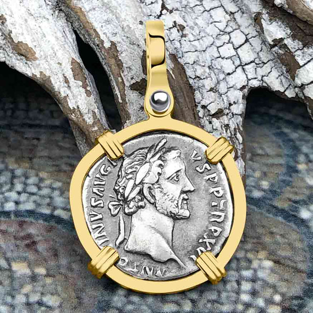 Roman Empire Silver Denarius Coin of Antoninus Pius, the Protector 152 AD 14K Gold Pendant