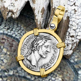 Roman Empire Silver Denarius Coin of Antoninus Pius, the Protector 152 AD 14K Gold Pendant