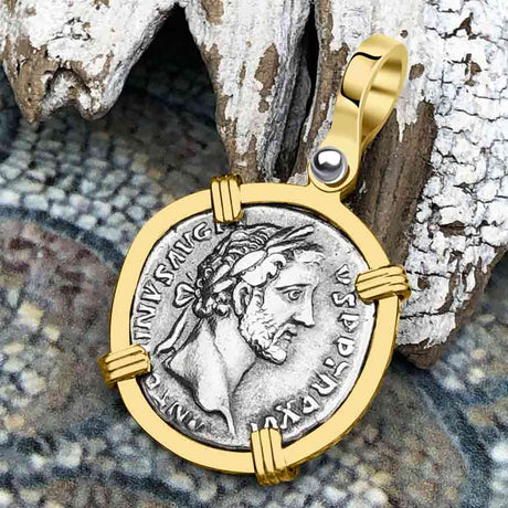 Roman Empire Silver Denarius Coin of Antoninus Pius, the Protector 152 AD 14K Gold Pendant