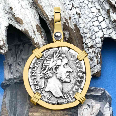 Roman Empire Silver Denarius Coin of Antoninus Pius, the Protector 156 AD 14K Gold Pendant