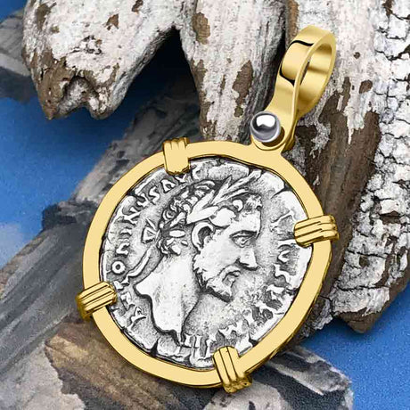 Roman Empire Silver Denarius Coin of Antoninus Pius, the Protector 156 AD 14K Gold Pendant