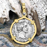 Roman Empire Silver Denarius Coin of Antoninus Pius, the Protector 151 AD 14K Gold Pendant