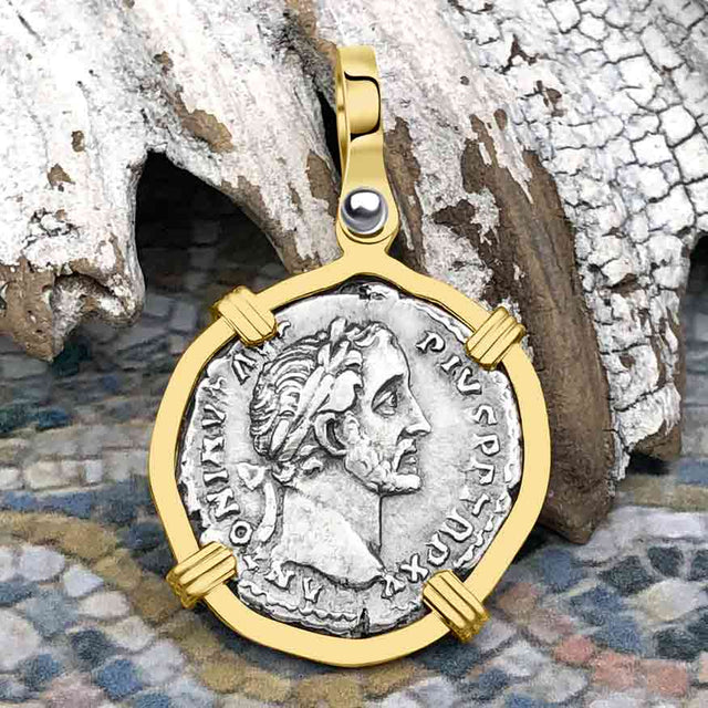 Roman Empire Silver Denarius Coin of Antoninus Pius, the Protector 151 AD 14K Gold Pendant