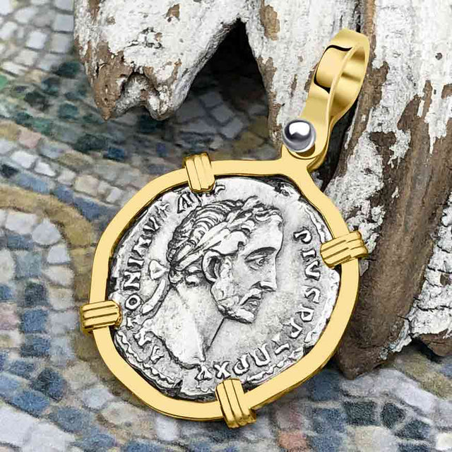 Roman Empire Silver Denarius Coin of Antoninus Pius, the Protector 151 AD 14K Gold Pendant