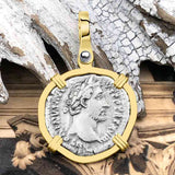 Roman Empire Silver Denarius Coin of Antoninus Pius, the Protector 154 AD 14K Gold Pendant