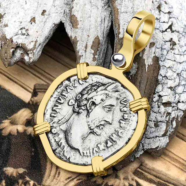 Roman Empire Silver Denarius Coin of Antoninus Pius, the Protector 154 AD 14K Gold Pendant