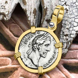 Roman Empire Silver Denarius Coin of Antoninus Pius, the Protector 155 AD 14K Gold Pendant