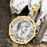 Roman Empire Silver Denarius Coin of Antoninus Pius, the Protector 140 AD 14K Gold Pendant