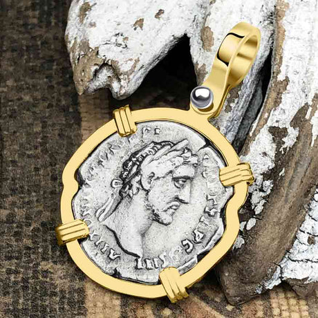 Roman Empire Silver Denarius Coin of Antoninus Pius, the Protector 140 AD 14K Gold Pendant
