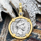 Roman Empire Silver Denarius Coin of Antoninus Pius, the Protector 152 AD 14K Gold Pendant