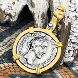 Roman Empire Silver Denarius Coin of Antoninus Pius, the Protector 152 AD 14K Gold Pendant