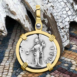 Roman Empire Silver Denarius Coin of Antoninus Pius, the Protector 152 AD 14K Gold Pendant