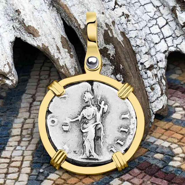 Roman Empire Silver Denarius Coin of Antoninus Pius, the Protector 152 AD 14K Gold Pendant