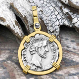 Roman Empire Silver Denarius Coin of Antoninus Pius, the Protector 139 AD 14K Gold Pendant