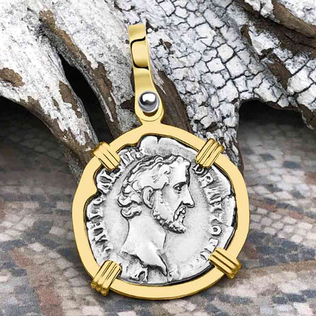 Roman Empire Silver Denarius Coin of Antoninus Pius, the Protector 139 AD 14K Gold Pendant