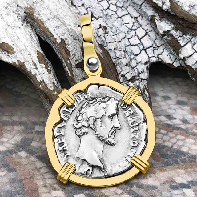 Roman Empire Silver Denarius Coin of Antoninus Pius, the Protector 139 AD 14K Gold Pendant