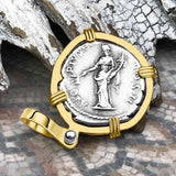 Roman Empire Silver Denarius Coin of Antoninus Pius, the Protector 139 AD 14K Gold Pendant