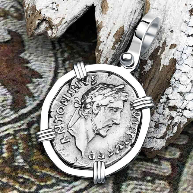 Roman Empire Silver Denarius Coin of Antoninus Pius, the Protector 139 AD 14K White Gold Pendant