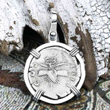 Roman Empire Silver Denarius Coin of Antoninus Pius, the Protector 139 AD 14K White Gold Pendant
