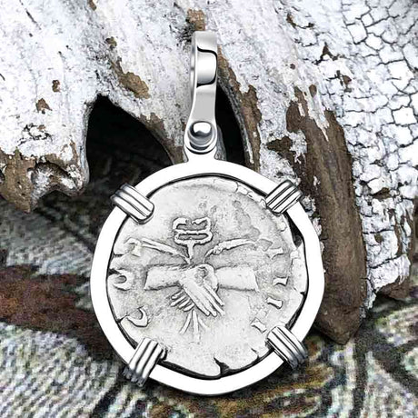 Roman Empire Silver Denarius Coin of Antoninus Pius, the Protector 139 AD 14K White Gold Pendant