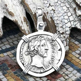 Roman Empire Silver Denarius Coin of Antoninus Pius, the Protector 152 AD 14K White Gold Pendant