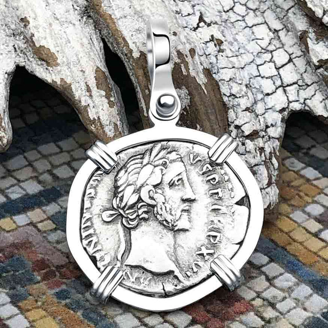 Roman Empire Silver Denarius Coin of Antoninus Pius, the Protector 152 AD 14K White Gold Pendant