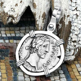 Roman Empire Silver Denarius Coin of Antoninus Pius, the Protector 152 AD 14K White Gold Pendant