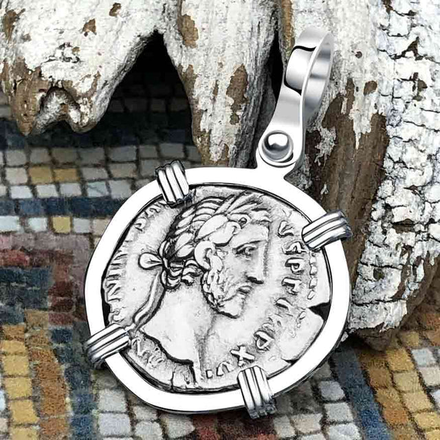 Roman Empire Silver Denarius Coin of Antoninus Pius, the Protector 152 AD 14K White Gold Pendant