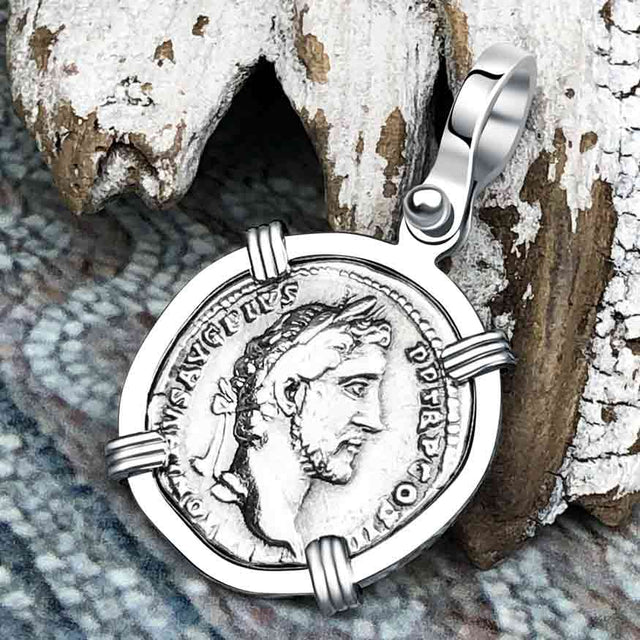Roman Empire Silver Denarius Coin of Antoninus Pius, the Protector 143 AD 14K White Gold Pendant