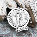 Roman Empire Silver Denarius Coin of Antoninus Pius, the Protector 143 AD 14K White Gold Pendant