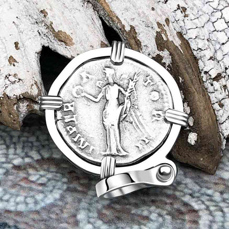 Roman Empire Silver Denarius Coin of Antoninus Pius, the Protector 143 AD 14K White Gold Pendant