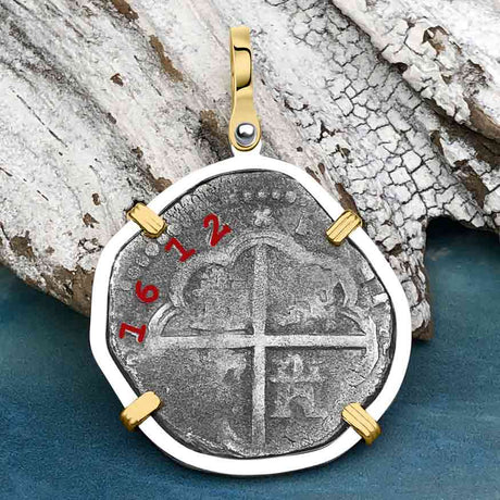 Rare Dated 1612 Sao Jose 4 Reale Pirate Era Shipwreck Coin 14K Gold & Sterling Silver Pendant 