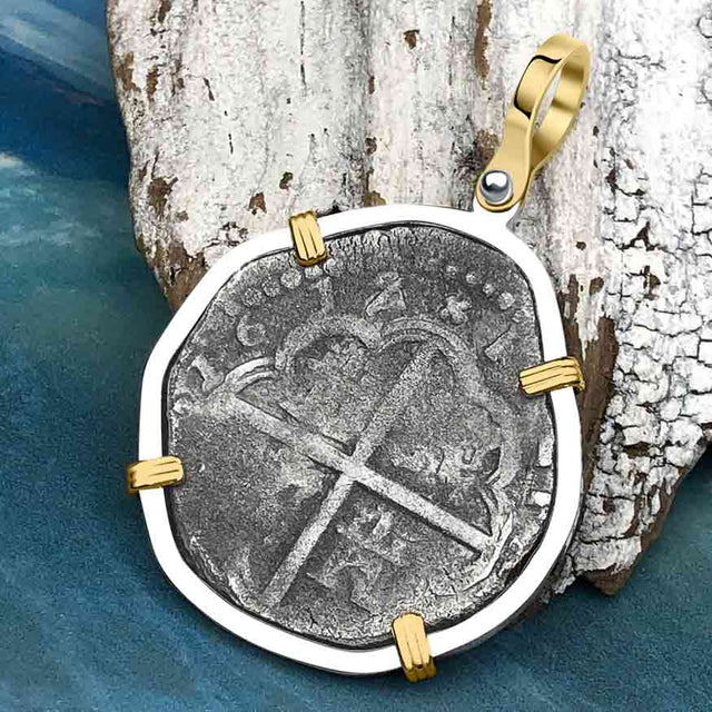 Rare Dated 1612 Sao Jose 4 Reale Pirate Era Shipwreck Coin 14K Gold & Sterling Silver Pendant 