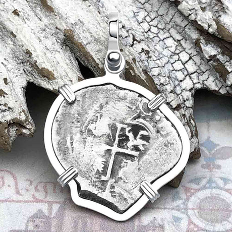 Pirate Era 1670s Spanish 1 Reale Piece of Eight Sterling Silver Pendant