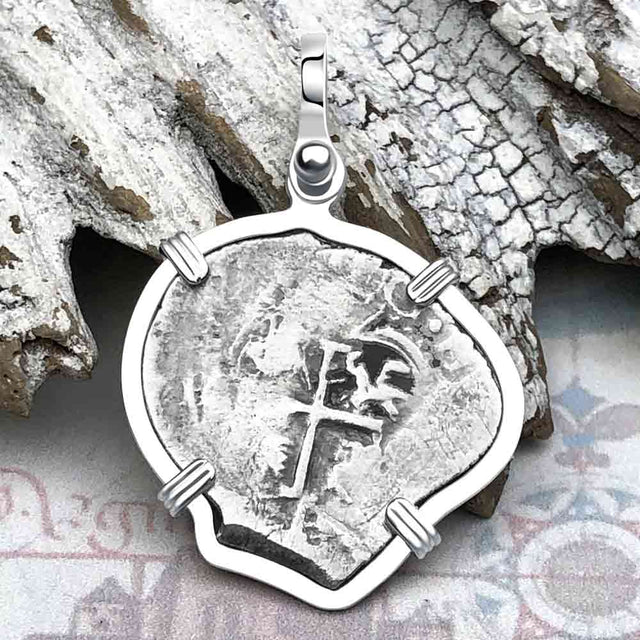 Pirate Era 1670s Spanish 1 Reale Piece of Eight Sterling Silver Pendant