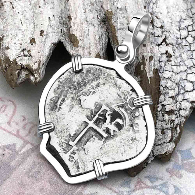Pirate Era 1670s Spanish 1 Reale Piece of Eight Sterling Silver Pendant