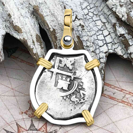 Pirate Era 1677 Spanish 1 Reale Piece of Eight 14K Gold & Sterling Silver Pendant
