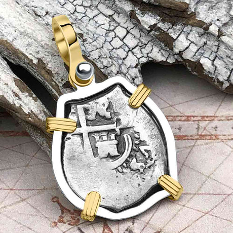Pirate Era 1677 Spanish 1 Reale Piece of Eight 14K Gold & Sterling Silver Pendant