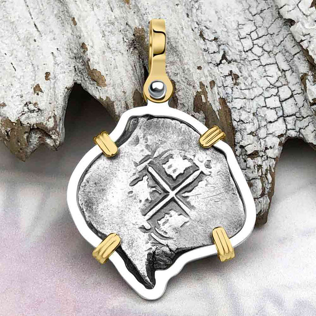 Pirate Era 1668 Spanish 1 Reale Piece of Eight 14K Gold & Sterling Silver Pendant