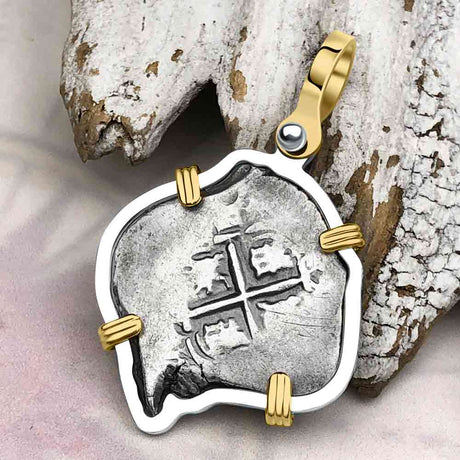Pirate Era 1668 Spanish 1 Reale Piece of Eight 14K Gold & Sterling Silver Pendant