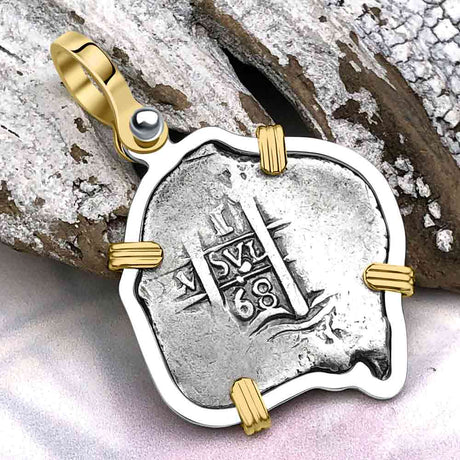 Pirate Era 1668 Spanish 1 Reale Piece of Eight 14K Gold & Sterling Silver Pendant
