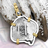 Pirate Era 1668 Spanish 1 Reale Piece of Eight 14K Gold & Sterling Silver Pendant