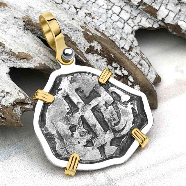 Pirate Era 1760 Spanish 2 Reale Piece of Eight 14K Gold & Sterling Silver Pendant | Artifact #5539