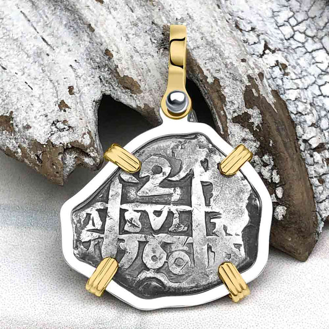 Pirate Era 1760 Spanish 2 Reale Piece of Eight 14K Gold & Sterling Silver Pendant | Artifact #5539