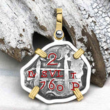 Pirate Era 1760 Spanish 2 Reale Piece of Eight 14K Gold & Sterling Silver Pendant | Artifact #5539