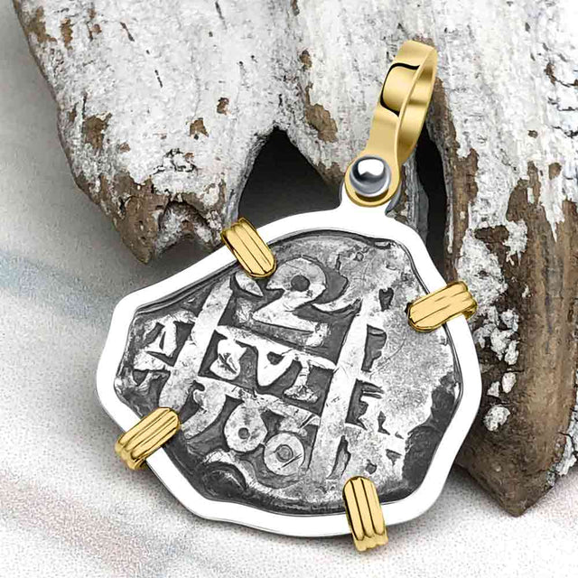 Pirate Era 1760 Spanish 2 Reale Piece of Eight 14K Gold & Sterling Silver Pendant | Artifact #5539