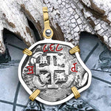 Pirate Era 1737 Spanish 2 Reale Piece of Eight 14K Gold & Sterling Silver Pendant